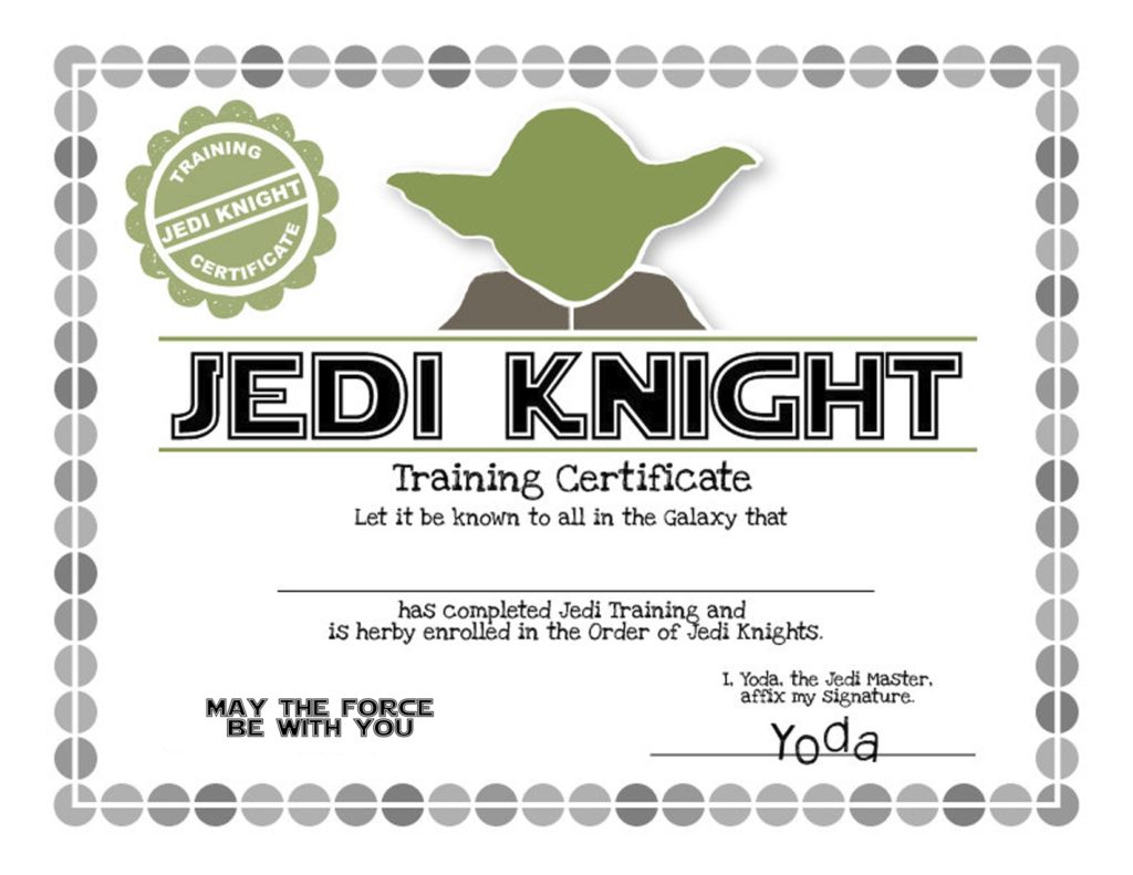 Yoda Jedi Knight Certificate- Star Wars Birthday Party Ideas