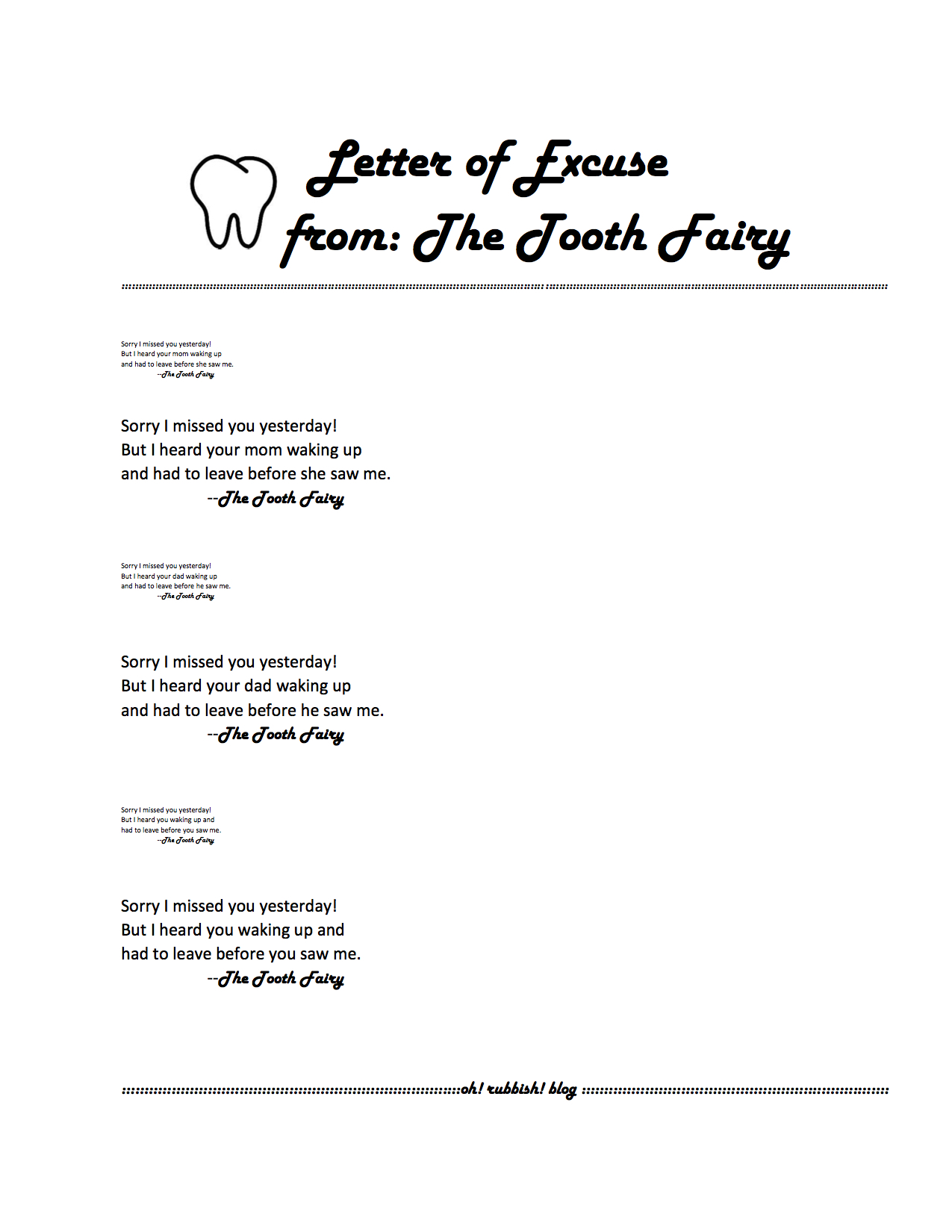 Tooth fairy notes printable free