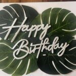 1. ASSEMBLE: Arrange the large artificial palm leaves on the large white posterboard. Place the Happy Birthday felt sign on top. Move things around until you're happy with the results.